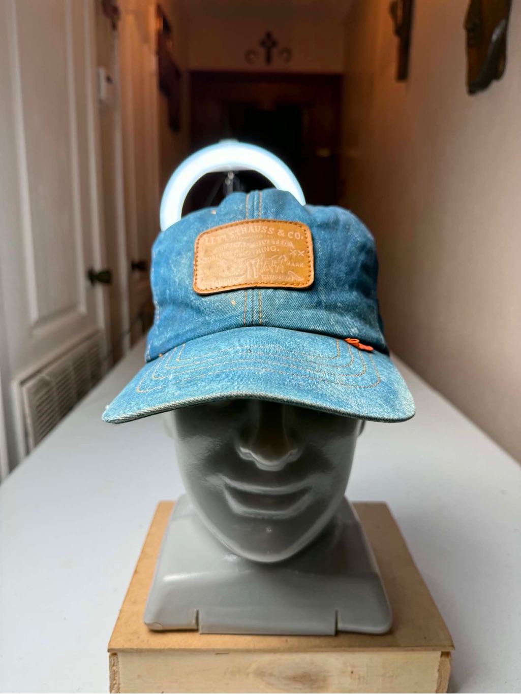 Vintage Levis Denim Hat Cap Orange Tab Leather Patch Trucker Damage